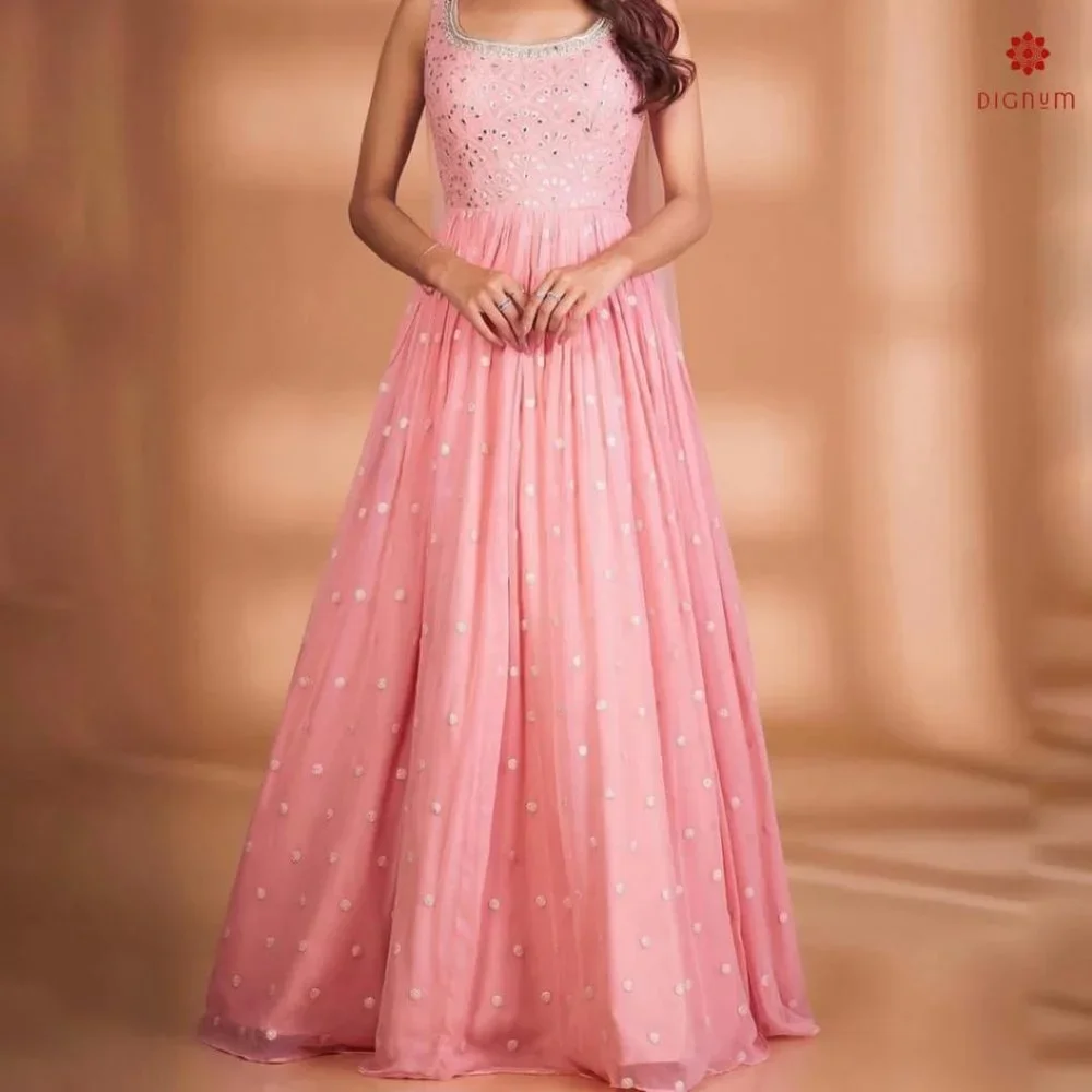 Carnation Pink Designer Partywear Heavy Embroidery Work Gown - Picture 4 of 5